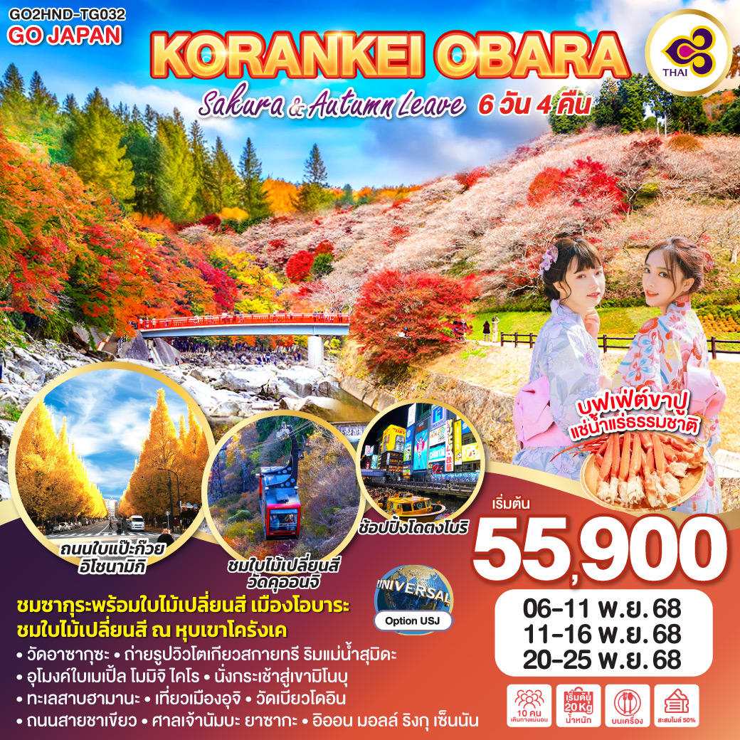ทัวร์ญี่ปุ่น KORANKEI OBARA SAKURA & AUTUMN LEAVE 6วัน 4คืน  (TG)