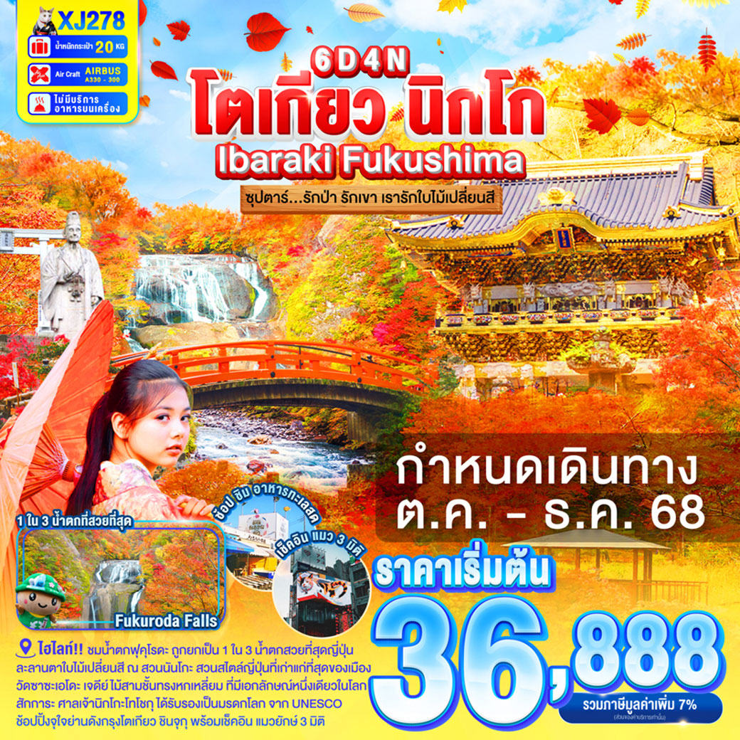 ทัวร์ญี่ปุ่น TOKYO IBARAKI NIKKO FUKUSHIMA ซุปตาร์...รักป่า รักเขา เรารักใบไม้เปลี่ยนสี 6วัน 4คืน (XJ)