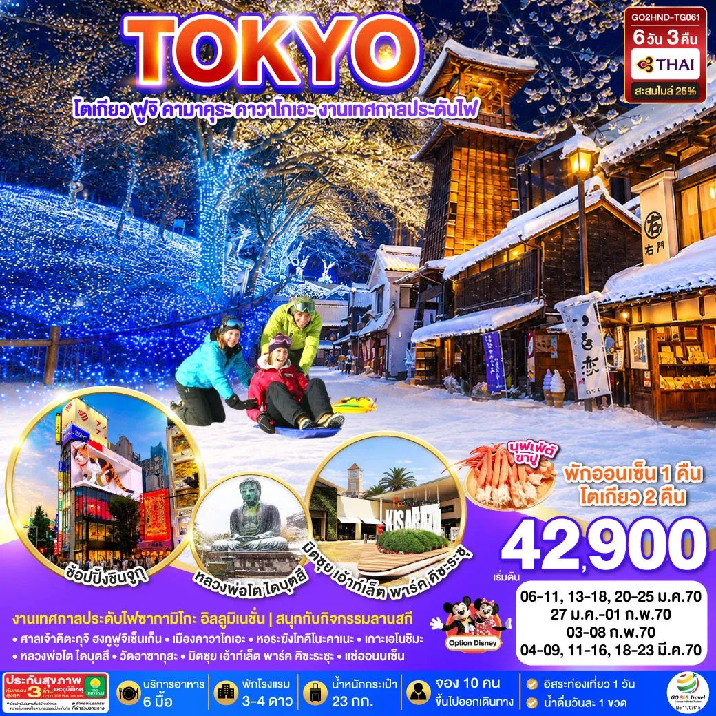 ทัวร์ญี่ปุ่น TOKYO FUJI SKI KAMAKURA KAWAGOE 6วัน 3คืน [TG]