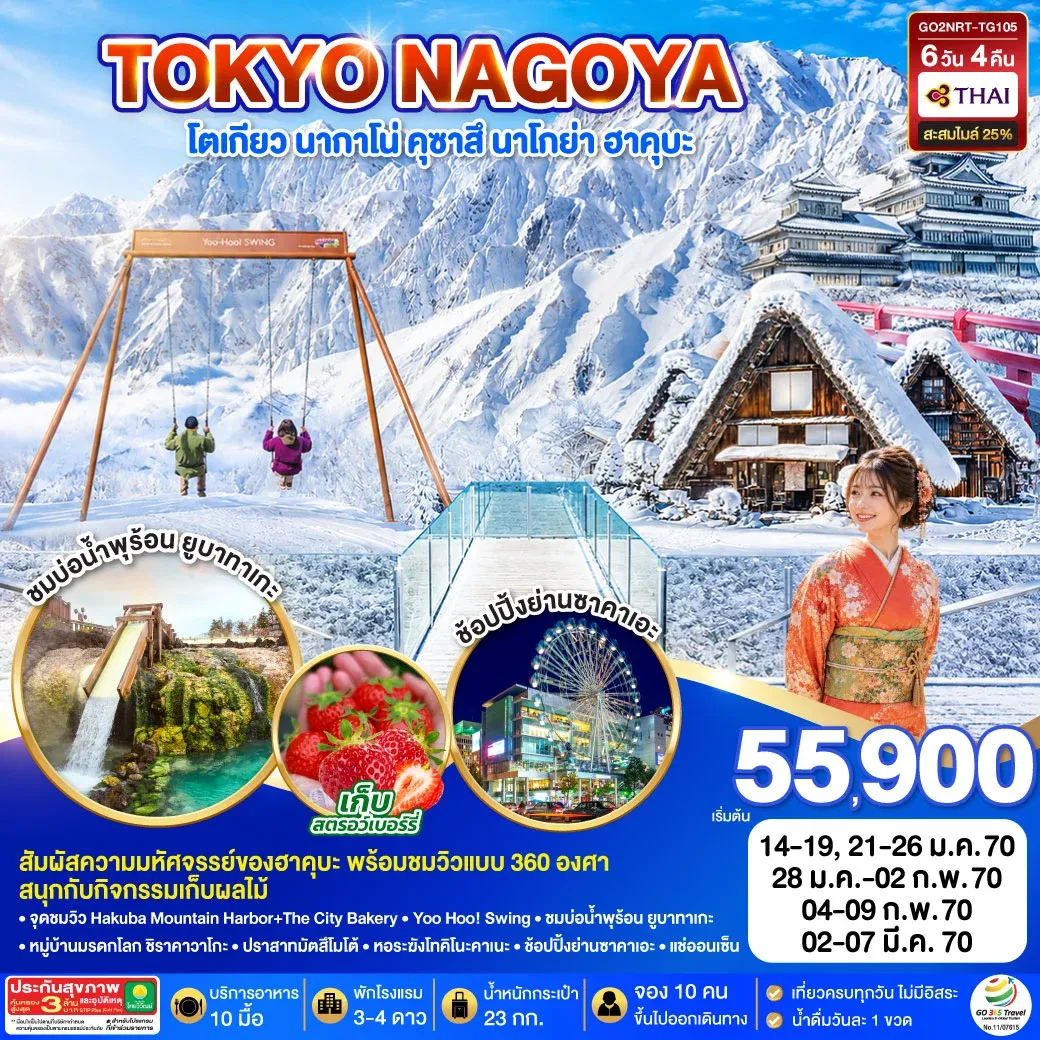 ทัวร์ญี่ปุ่น TOKYO NAGANO HAKUBA SHIRAKAWAGO WINTER 6วัน 4คืน (TG)